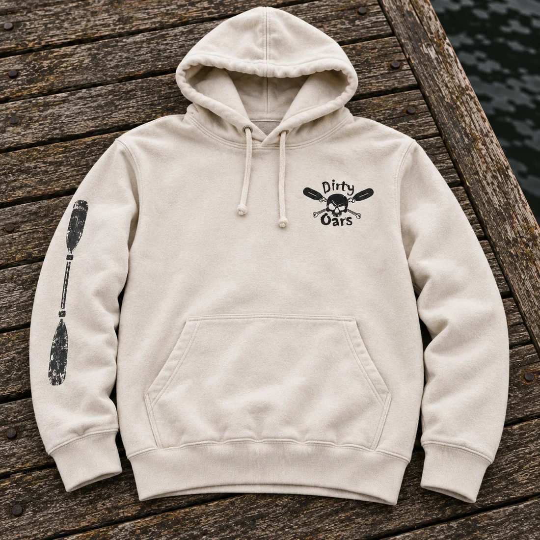 Front of the bone Dirty Oars Dead Drift Hoodie with chest logo and paddle sleeve detail