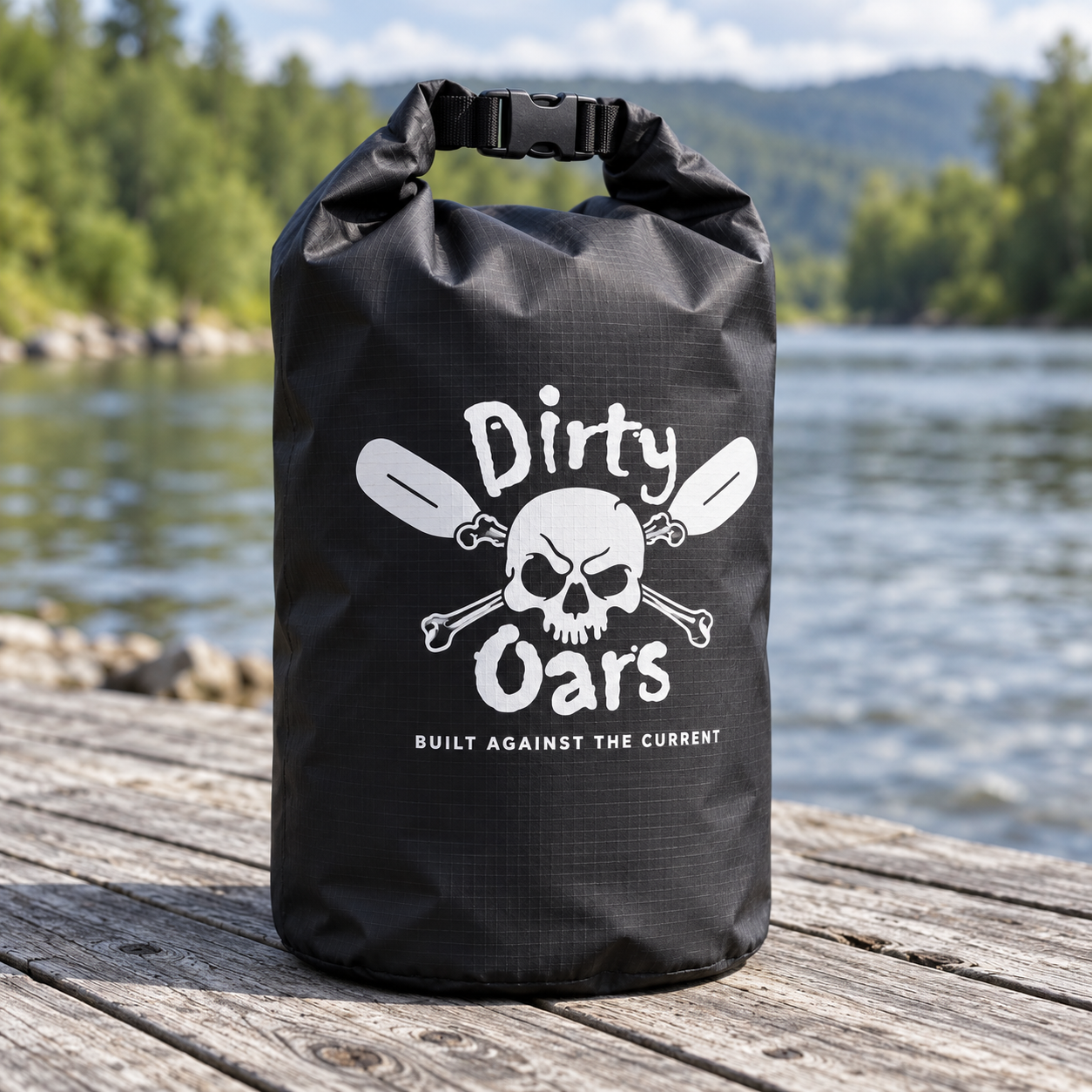 Concept mockup of a black Dirty Oars 10L roll-top dry bag
