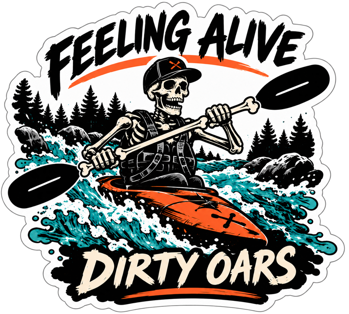 Feeling Alive Dirty Oars sticker with logo-style bone paddle