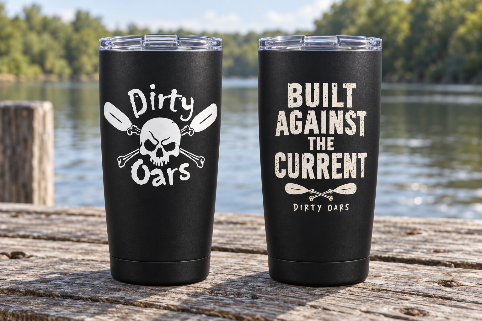 Concept mockup showing both sides of one Dirty Oars matte-black tumbler