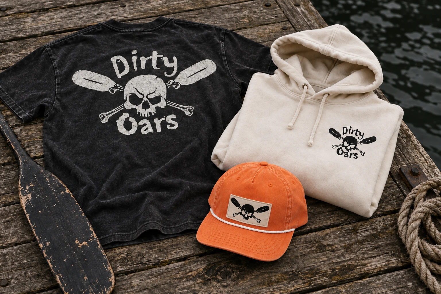 Dirty Oars launch collection with a washed black shirt, bone hoodie, and Tangerine Orange LEGACY SKULLY rope cap concept with a Dirty Oars patch on a weathered dock