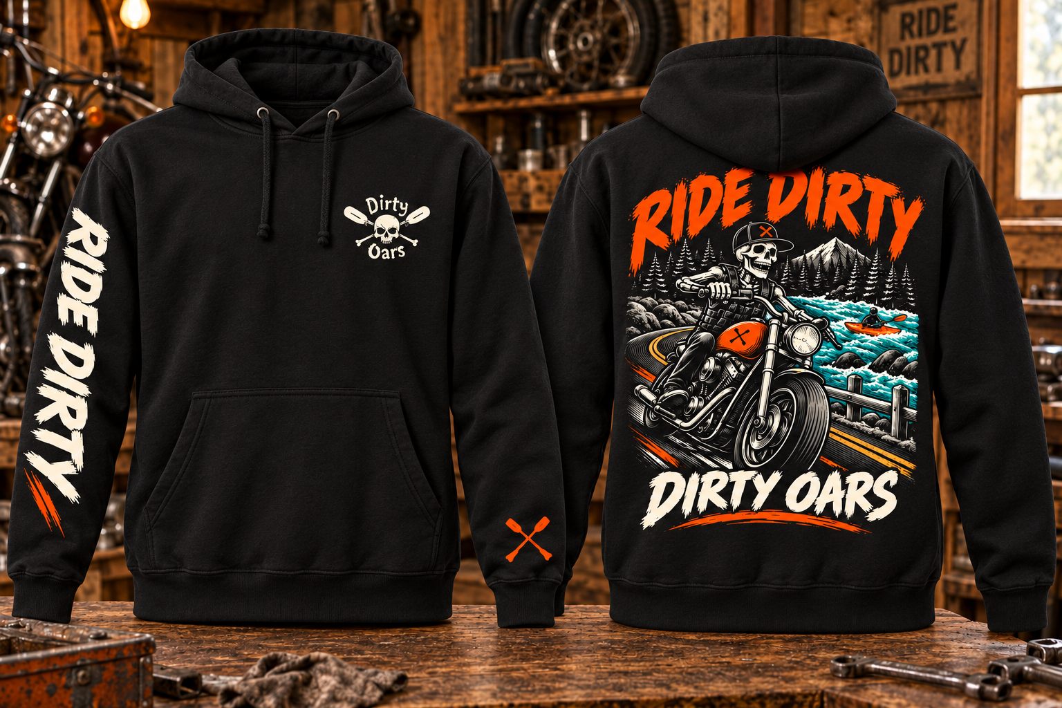 Ride Dirty black pullover hoodie front and back with motorcycle skeleton, river kayak, chest logo and sleeve artwork