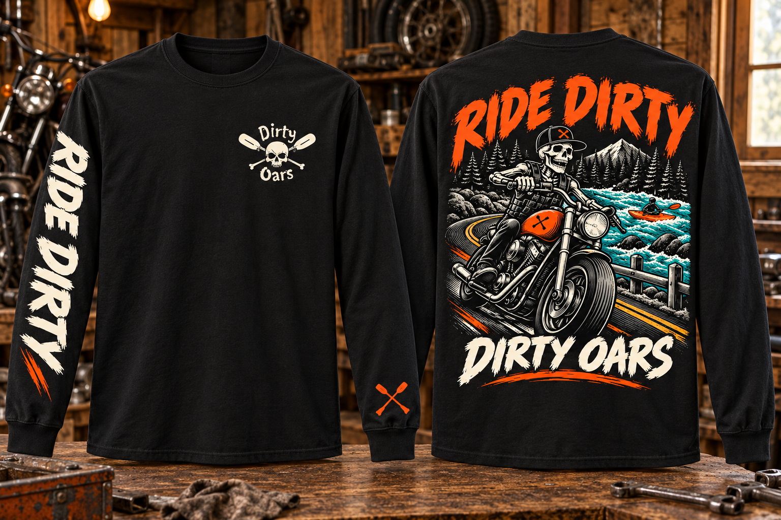 Ride Dirty black long-sleeve tee front and back with skeleton motorcycle rider, river kayak and sleeve graphics